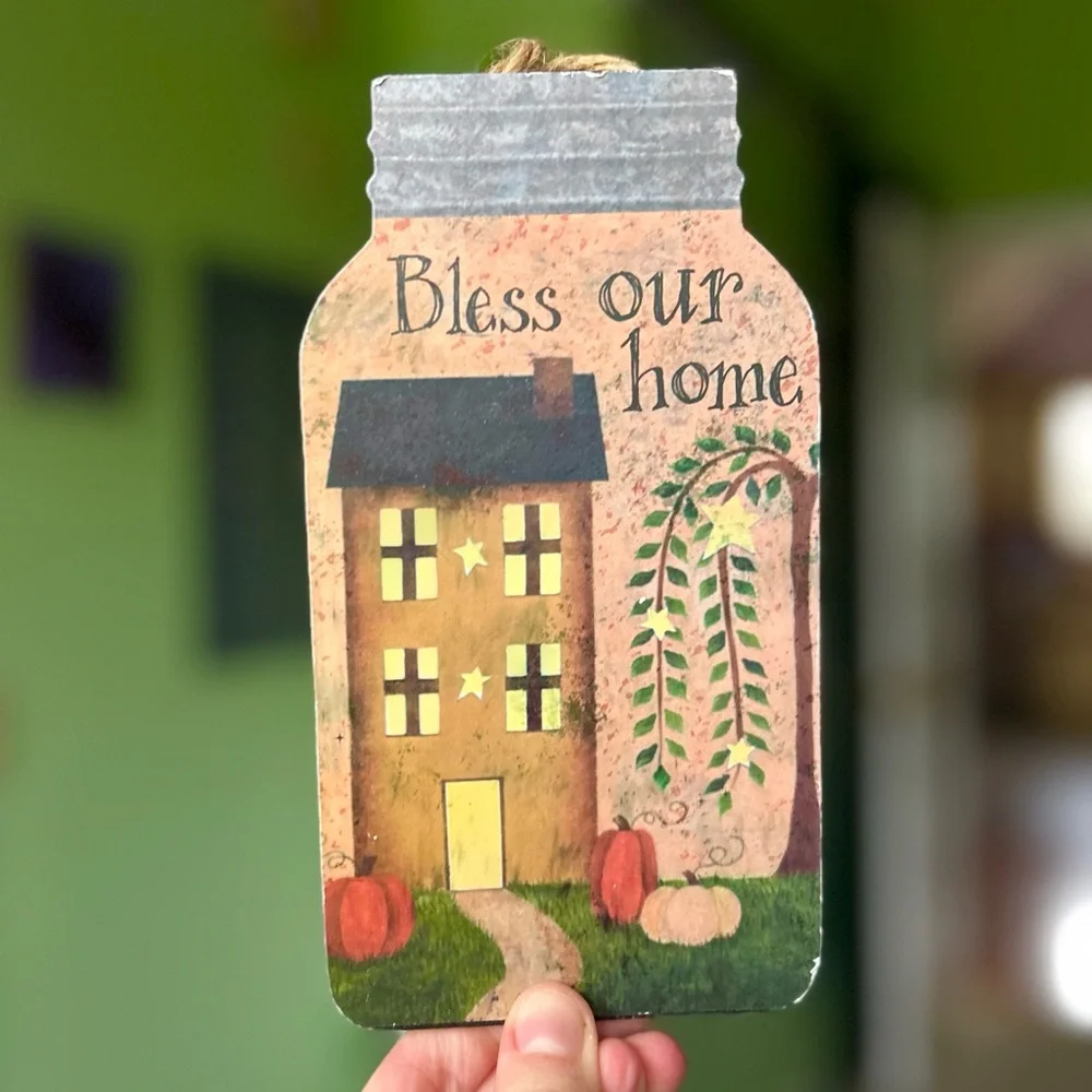 VTG Rustic Farmhouse Mason Jar Shape Cottagecore Bless This Home Pumpkin Wall